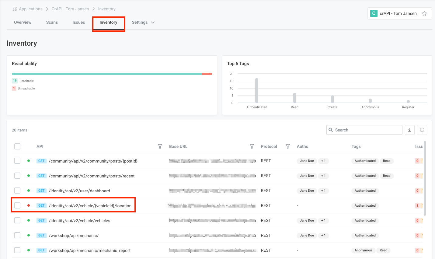 Screenshot of inventory tab and location API